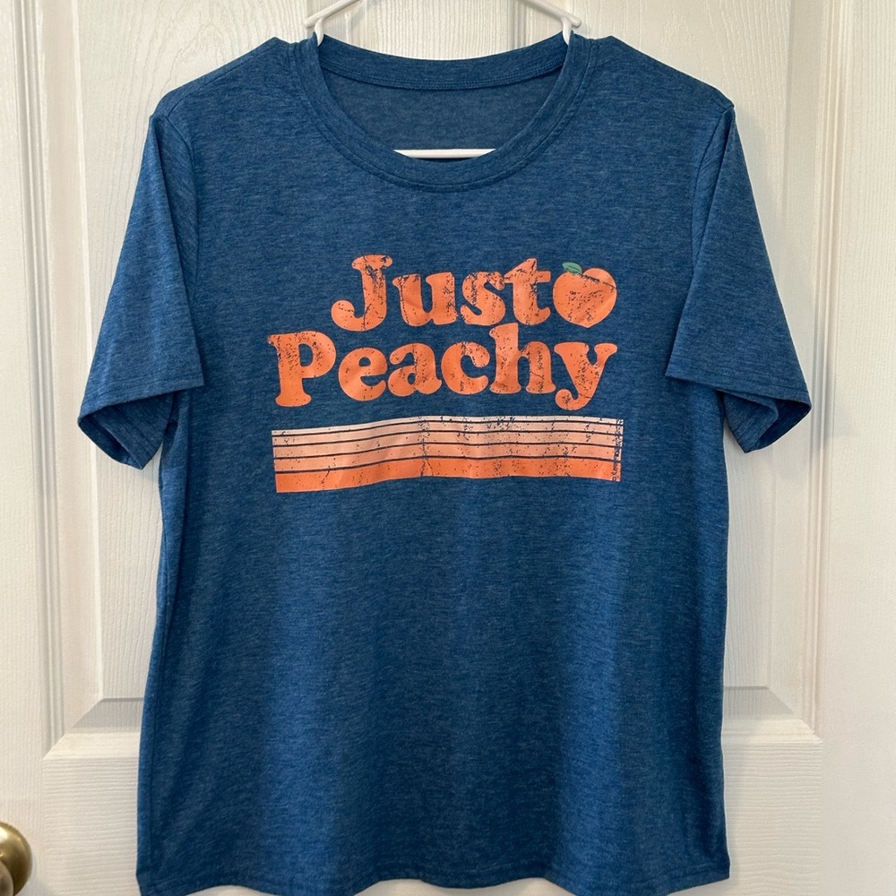 SHEIN Blue Tee with Orange "Just Peachy" Graphic